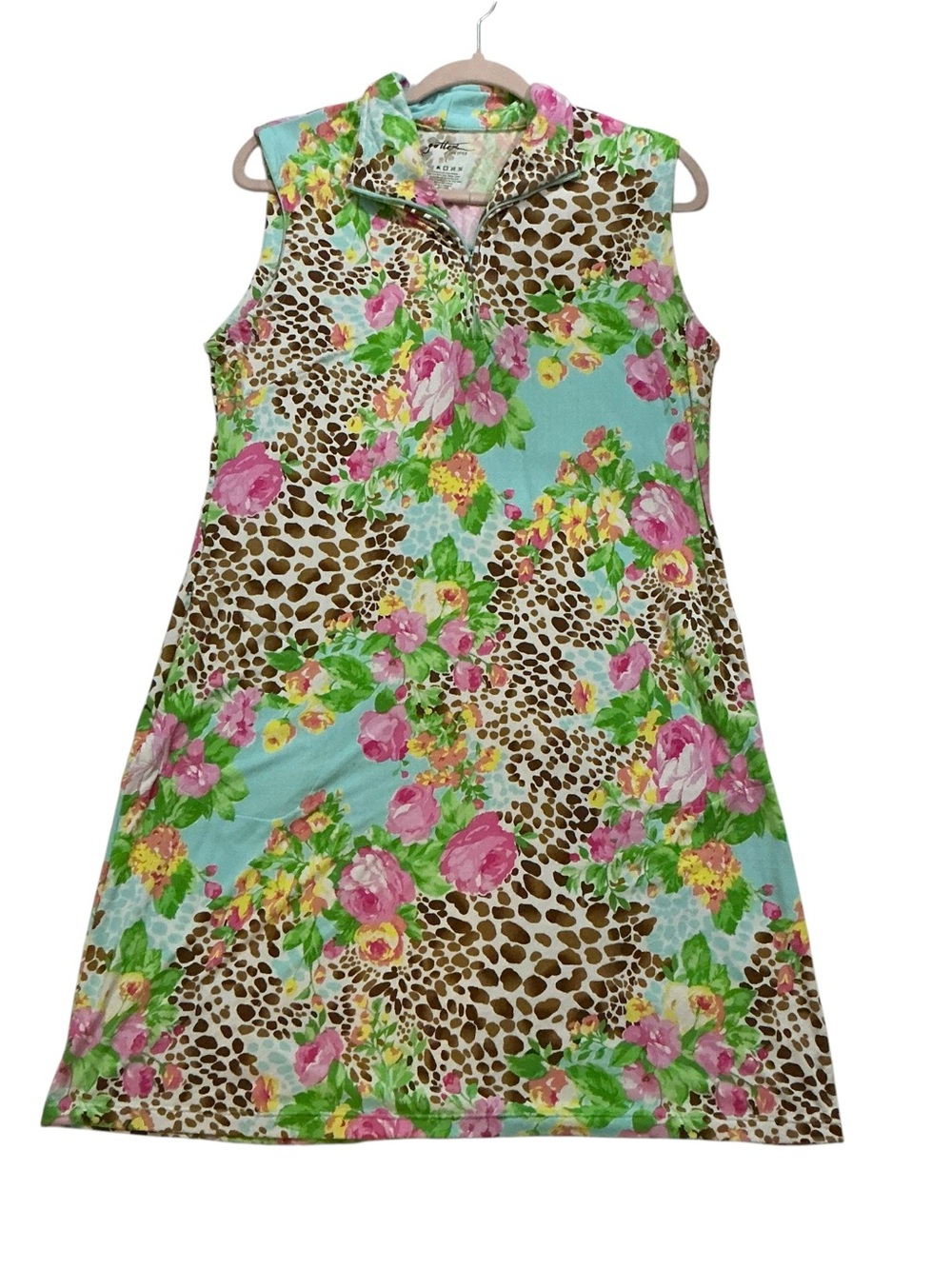 Gottex Aqua Floral & Leopard Print Sleeveless, Collared Athletic Dress sz L